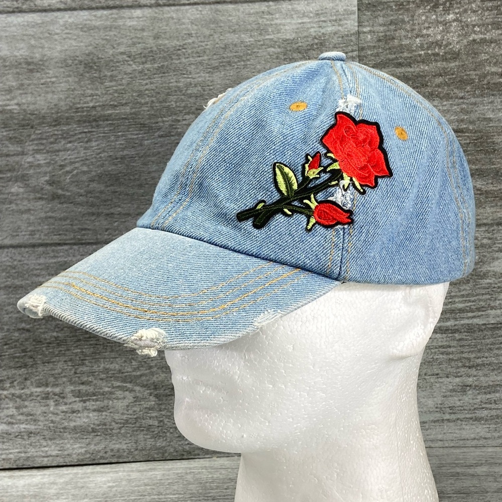 Mudd Blue Jean Denim Rose Flower Distressed Adjustable Strapback Hat Preowned